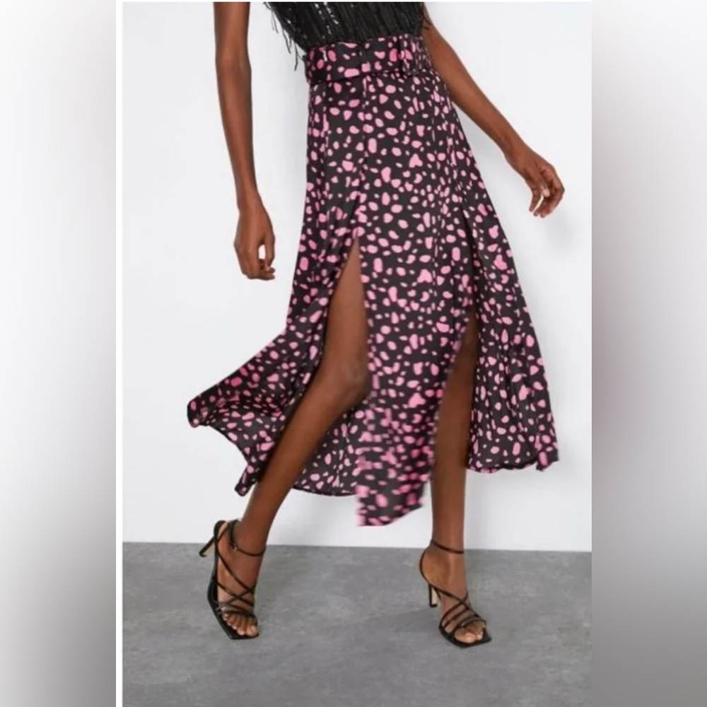 NWT Zara Black Pink Midi Skirt With Side Slits Matching Belt Side Zip Size M